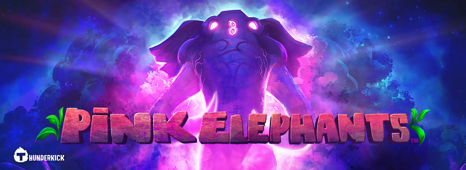 Pink Elephants Slot Logo von Thunderkick mit einem mystischen pinken Elefanten im Hintergrund
